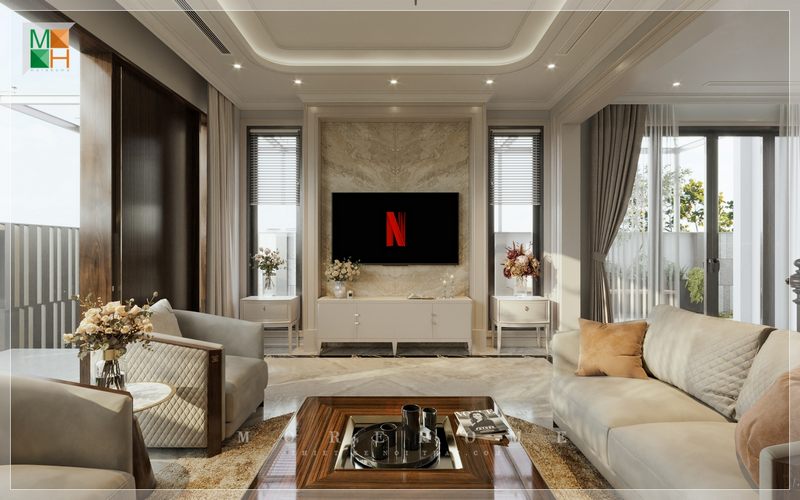 Vẻ ngoài sáng bóng của đá ốp vách tivi góp phần tạo nên sự tiện nghi và ấn tượng cho không gian phòng khách của mỗi gia đình.