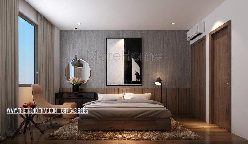 Phòng ngủ ấm áp được thiết kế bằng 2 gam màu chủ đạo là trắng và màu của gỗ, tạo nên không gian hiện đại, lịch sự và nhẹ nhàng.